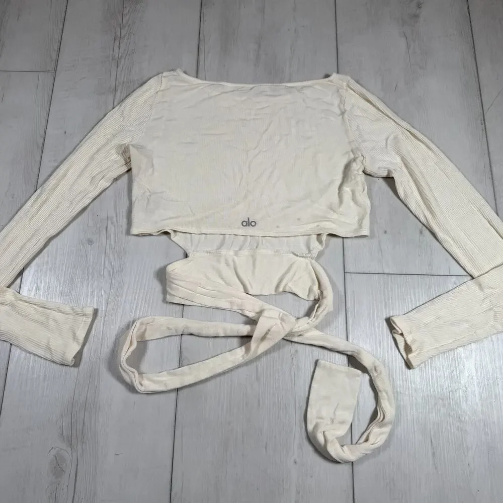 ALO Yoga Top Women's Size Small White Ribbed Waist Tie Wrap Long Sleeve